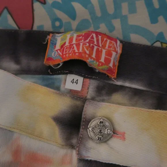 Heaven on Earth 1336 Tie Dye Stacked Denim Jeans Size 42x35 Raw Hem Orange Blue